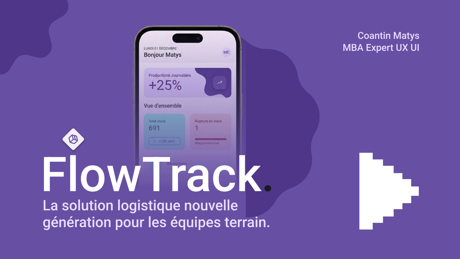FlowTrack, concept d’application mobile pour les équipes logistiques, présenté sur un fond violet.